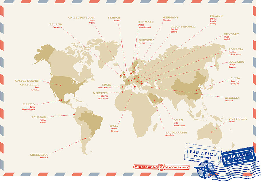 Planisphère des pays d'origine des étudiants du Summer School 2018
