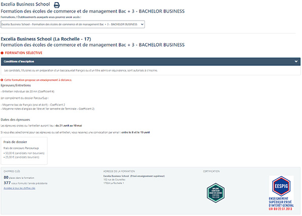 Voir la fiche Excelia Parcoursup